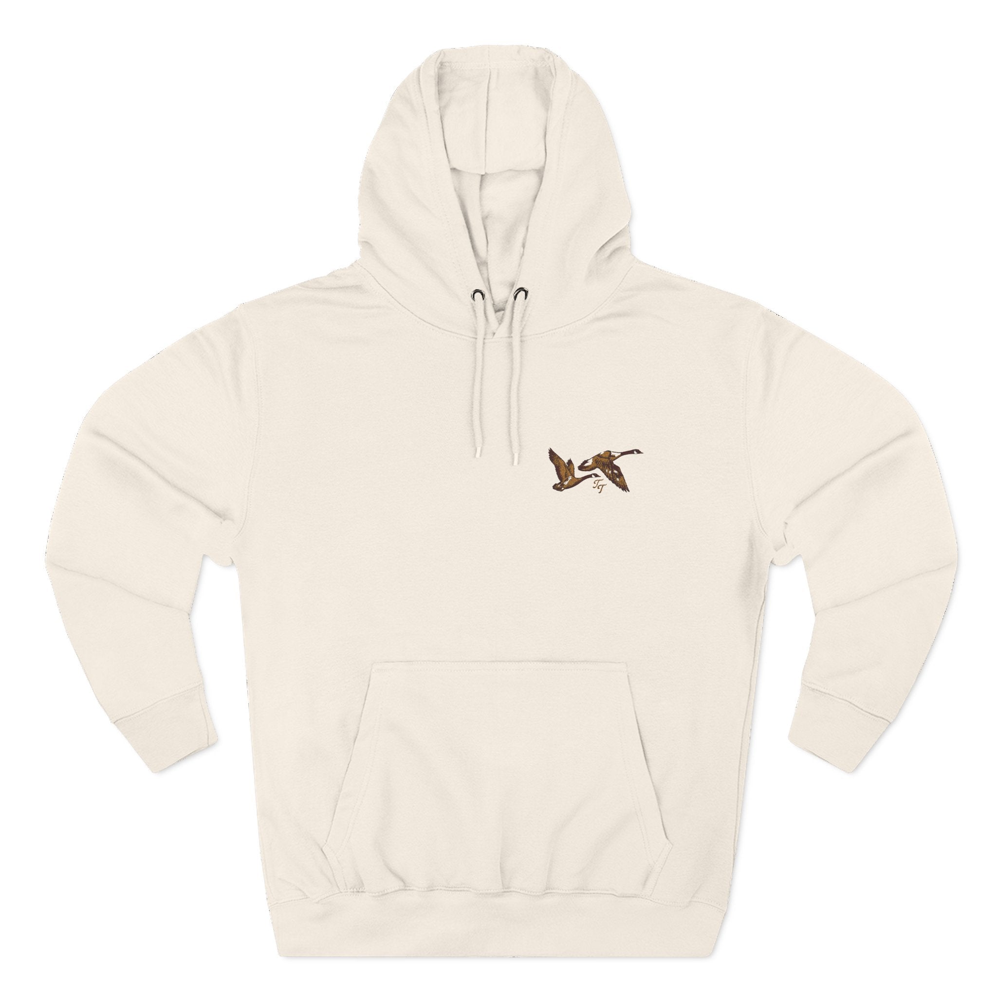 Beige hoodie with a small graphic on the chest against a white background
