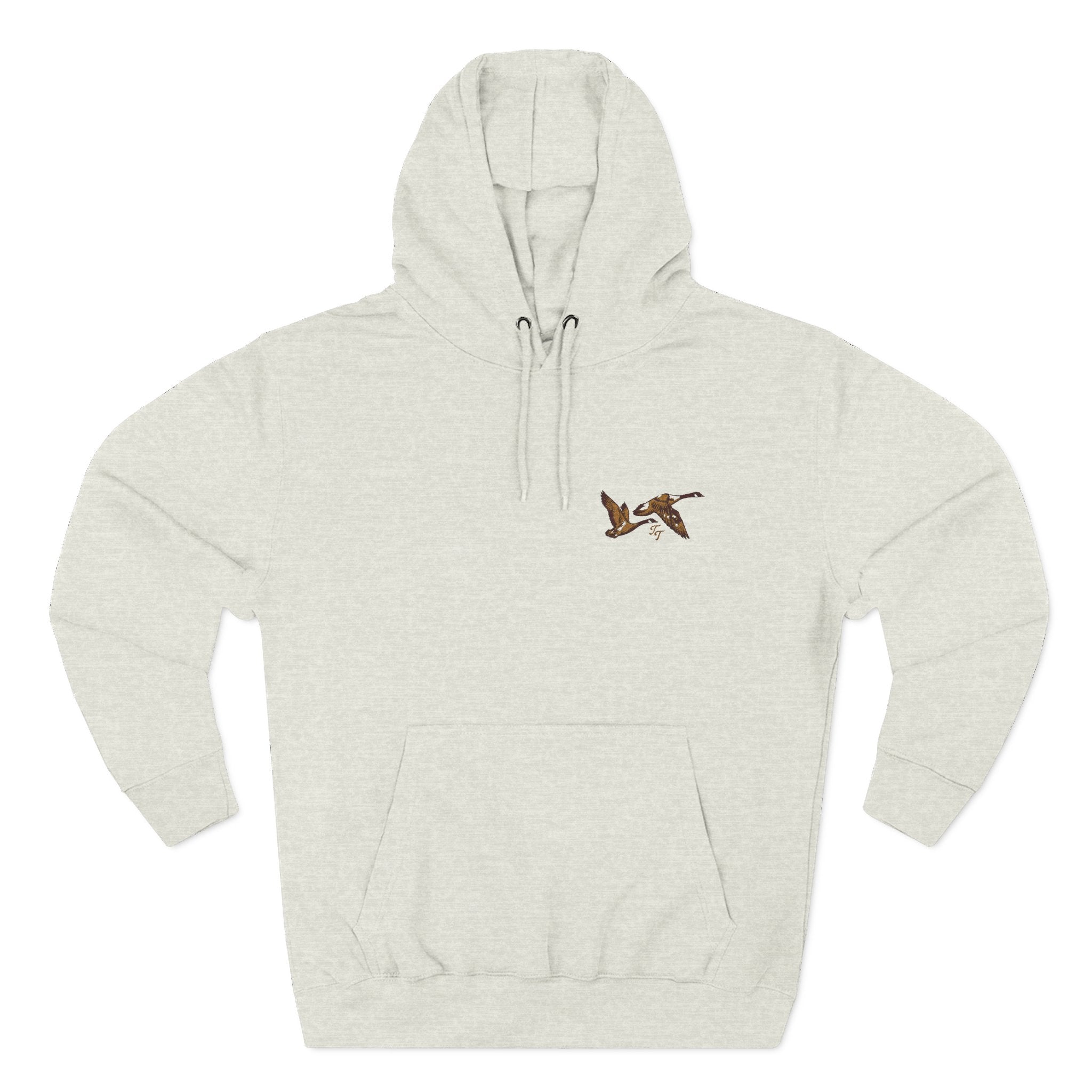 Beige hoodie with a small logo on the chest against a white background