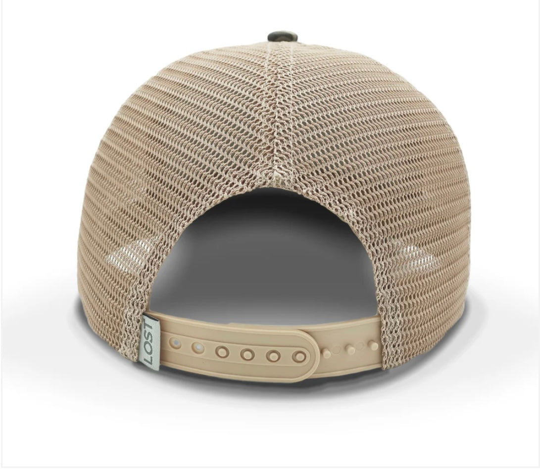 Rear view of Talkin’ Timber hat with Lost Hat Co. branded snapback closure and tan mesh paneling
