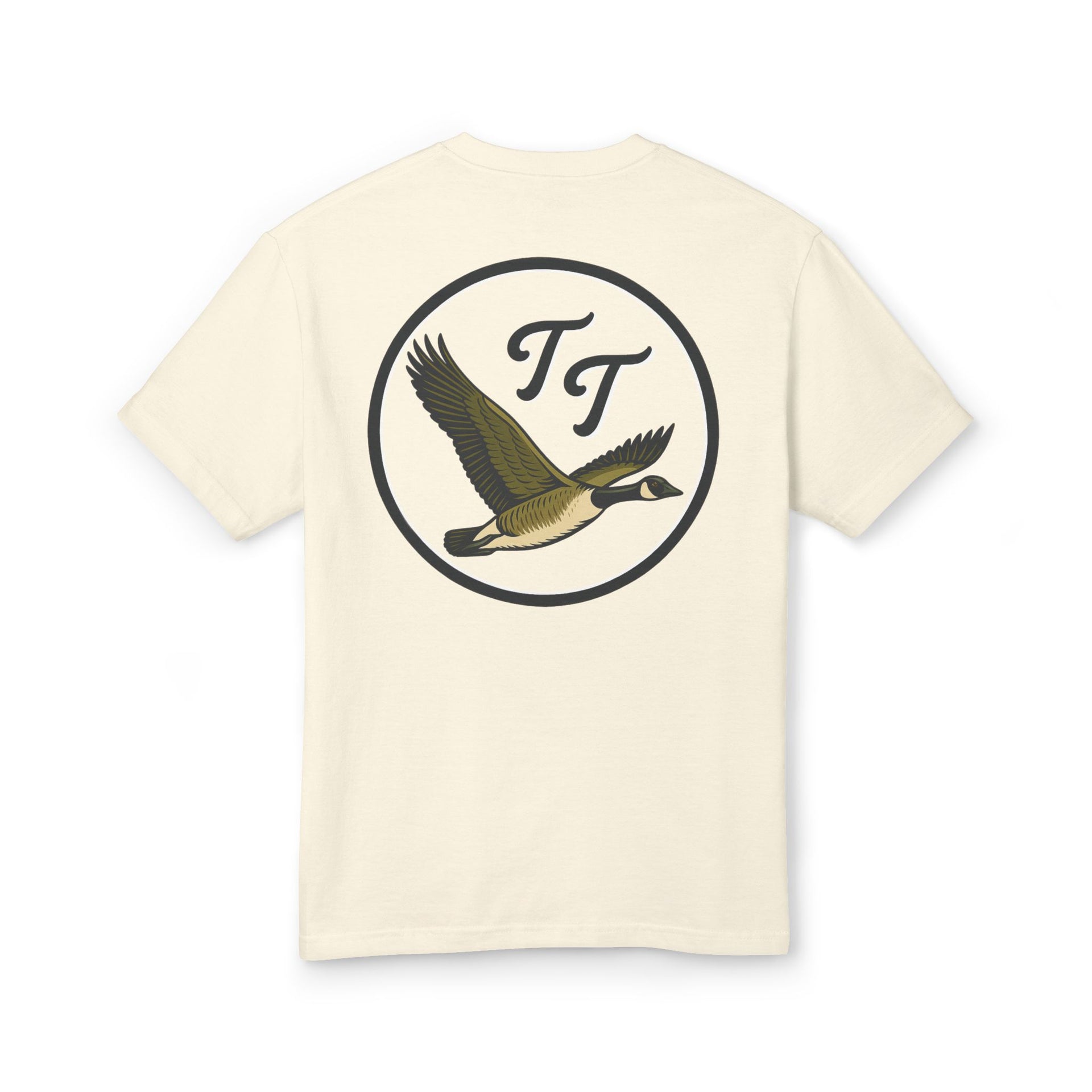 Beige t-shirt with a goose and logo design on a white background