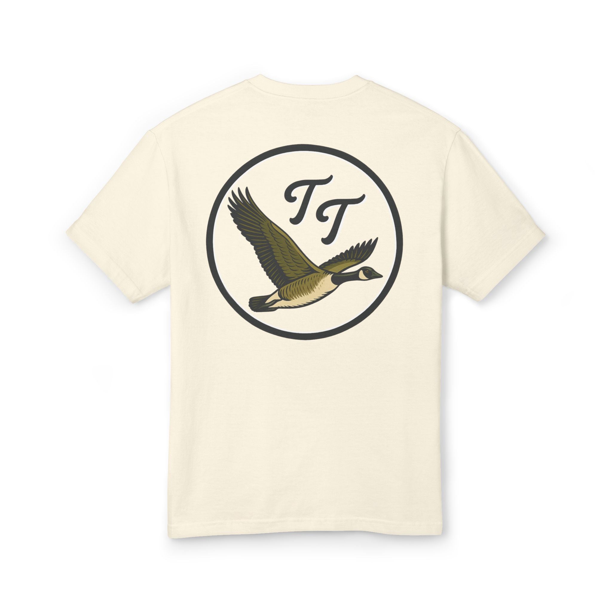 Beige t-shirt with a goose and logo design on a white background