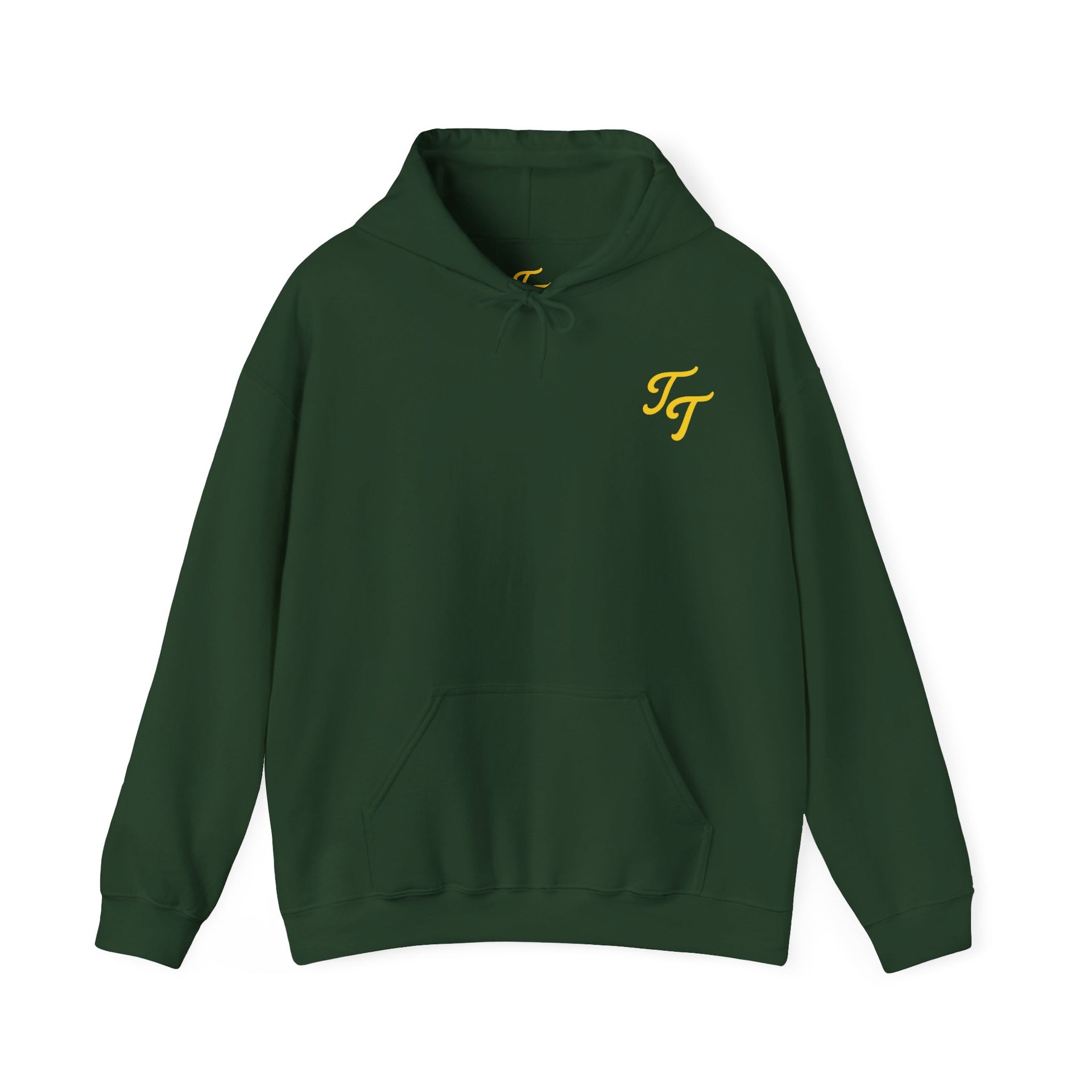 Green hoodie with yellow logo on a white background
