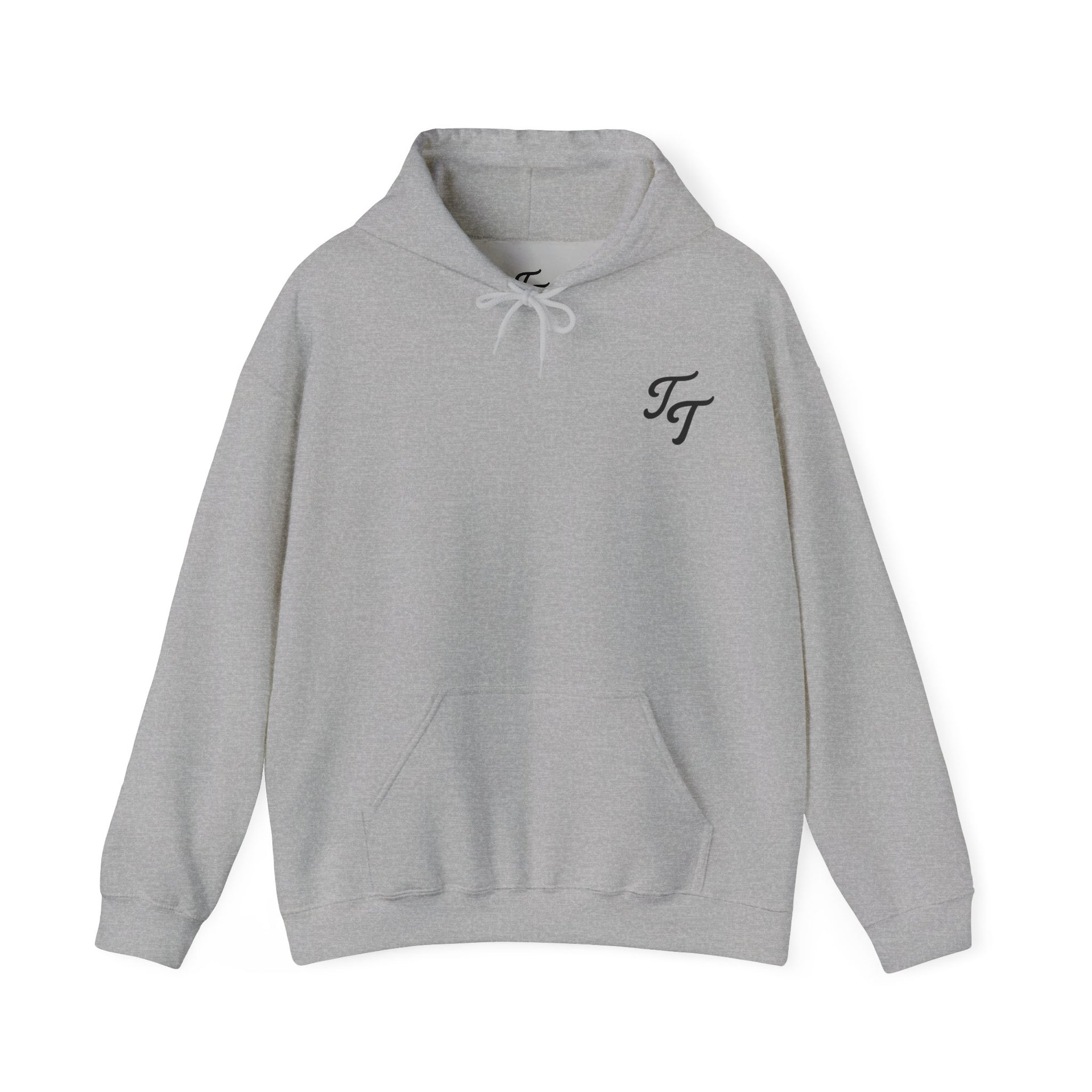 Gray hoodie with a black logo on a white background