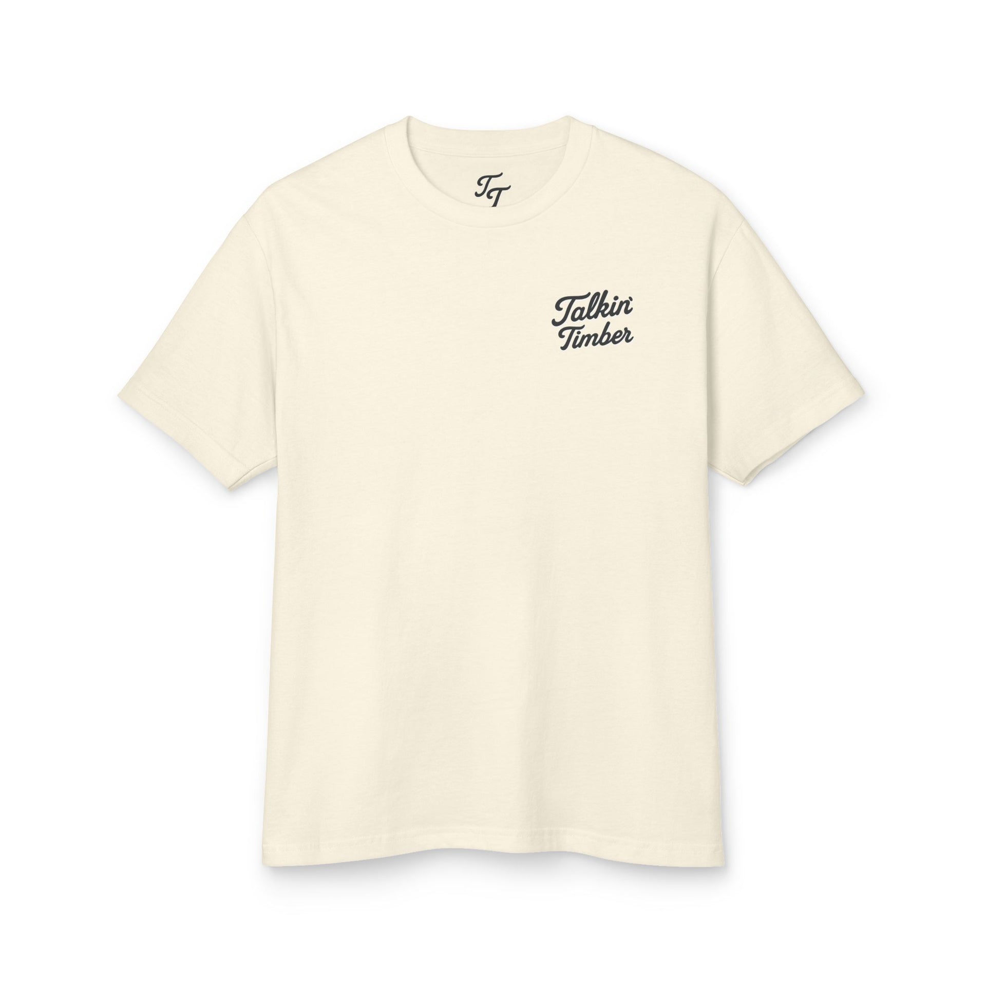 Beige t-shirt with 'Talkin Timber' text on a white background
