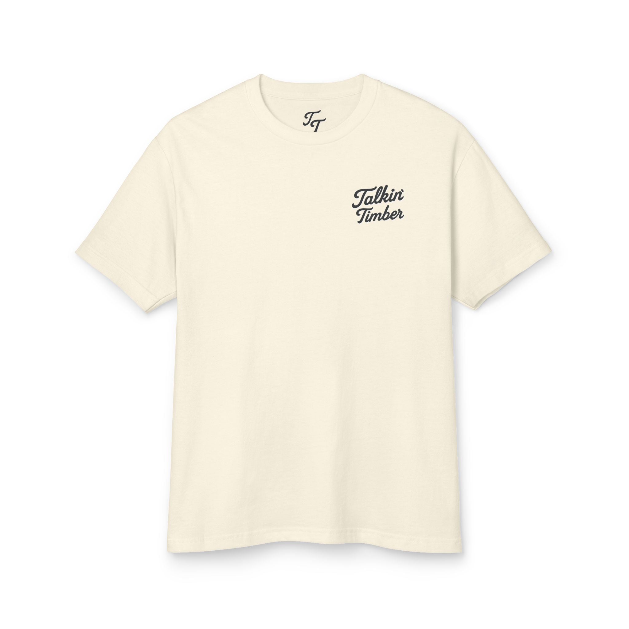 Beige t-shirt with 'Talkin Timber' text on a white background