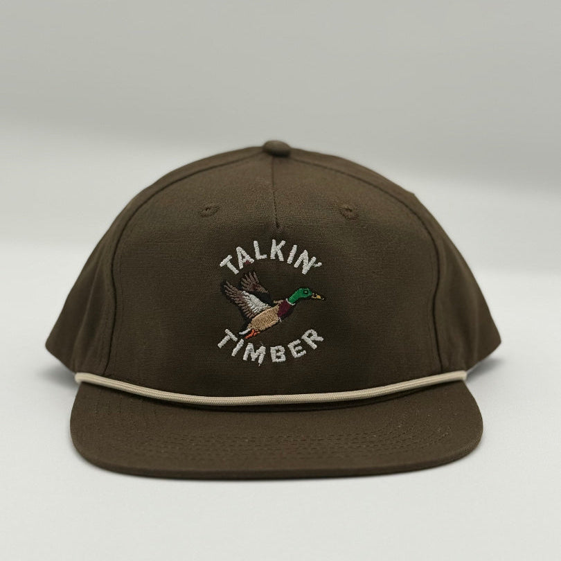 Brown cap with 'Talkin Timber' logo on a white background