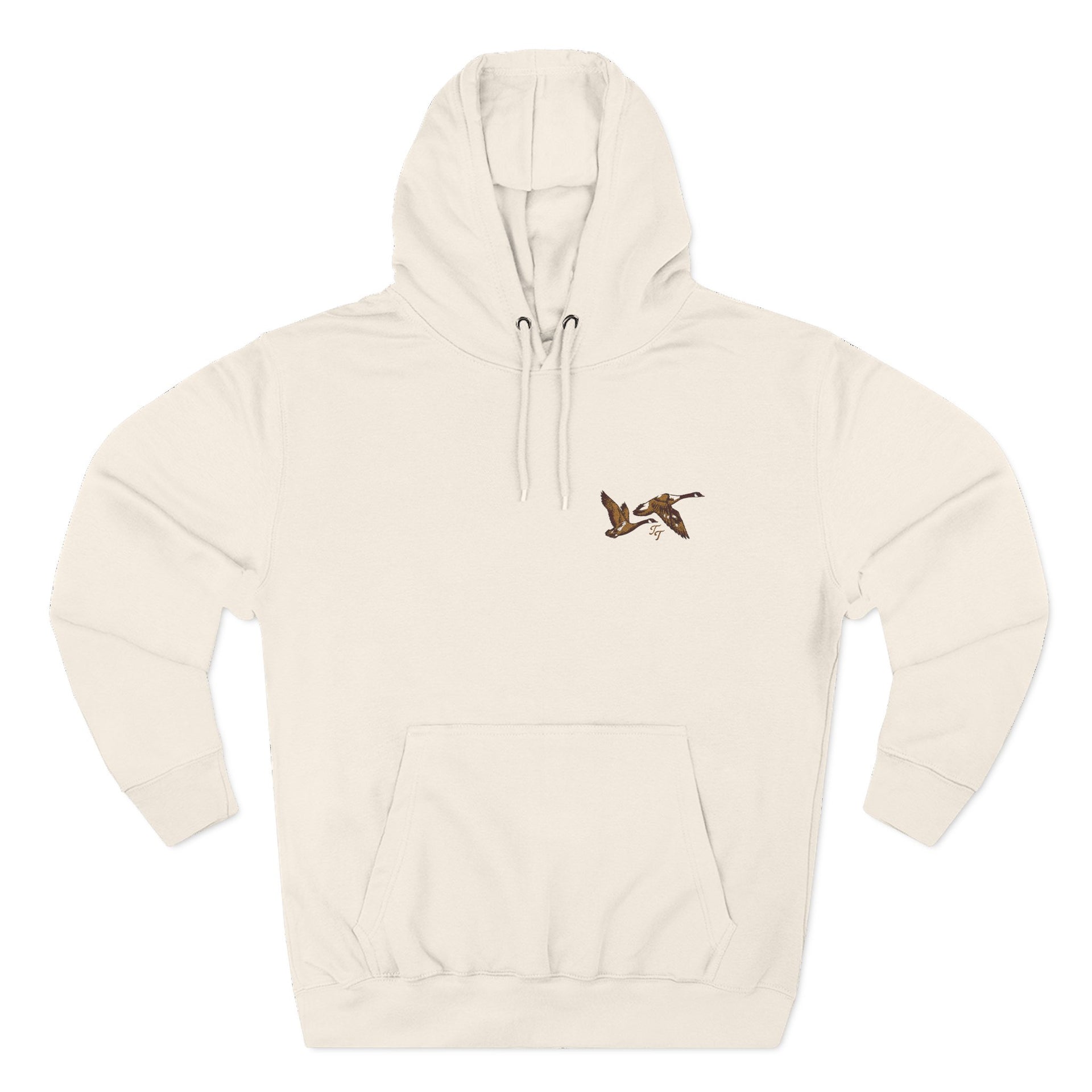 Beige hoodie with a small graphic on the chest against a white background