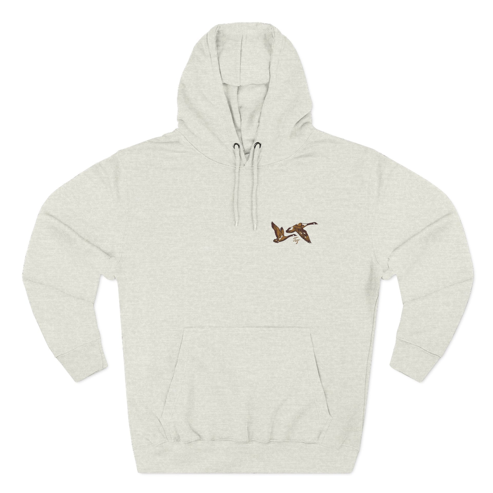 Beige hoodie with a small logo on the chest against a white background