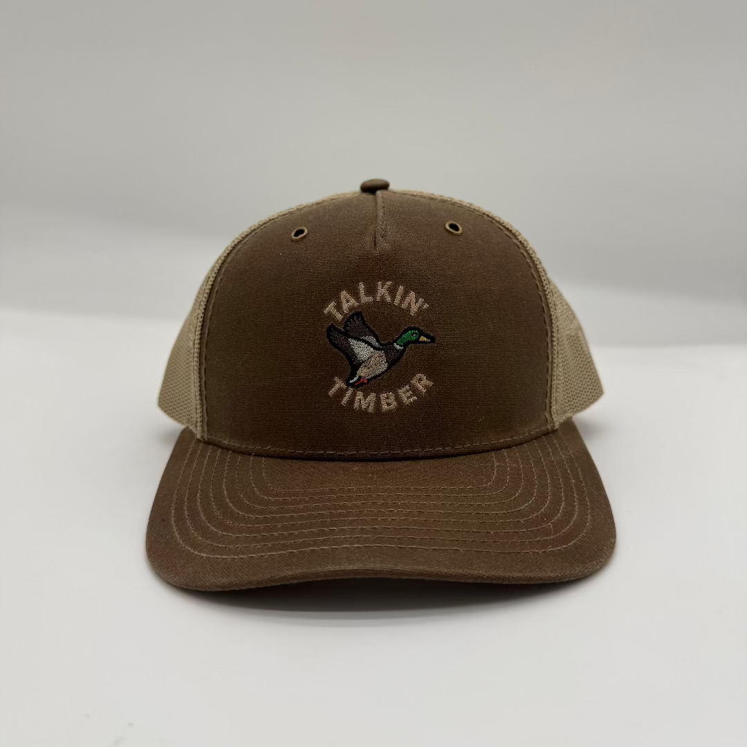 Brown and beige cap with 'Talkin Timber' logo on a white background