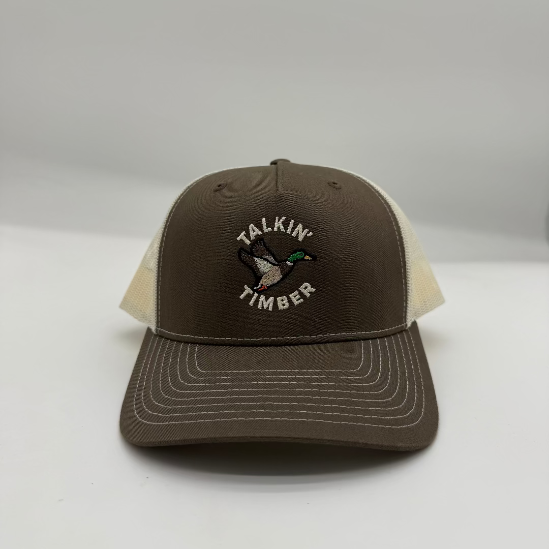 Brown and beige cap with 'Talkin' Timber' logo on a white background