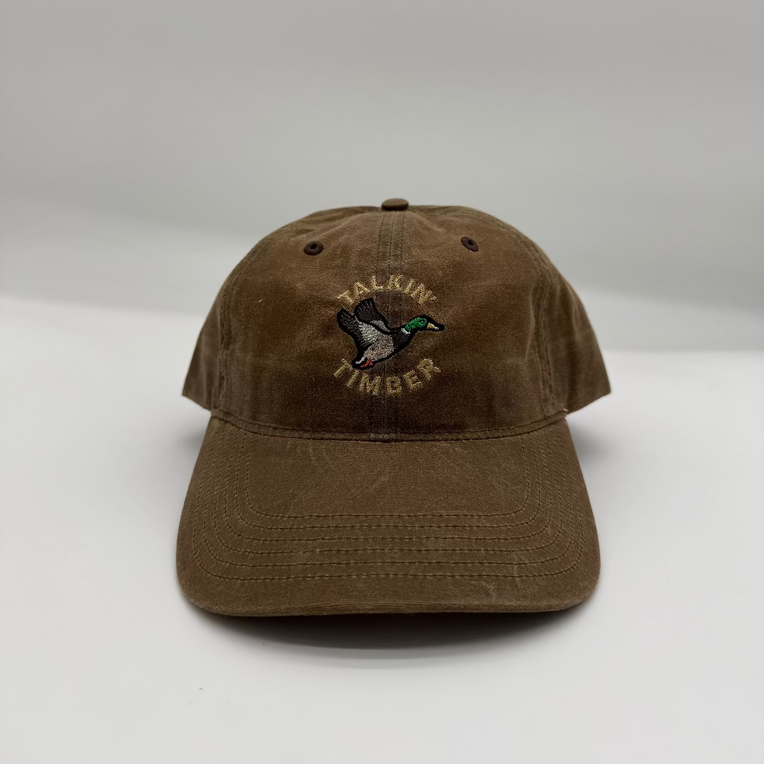 Brown cap with duck logo and 'Talkin' Timber' text on a white background