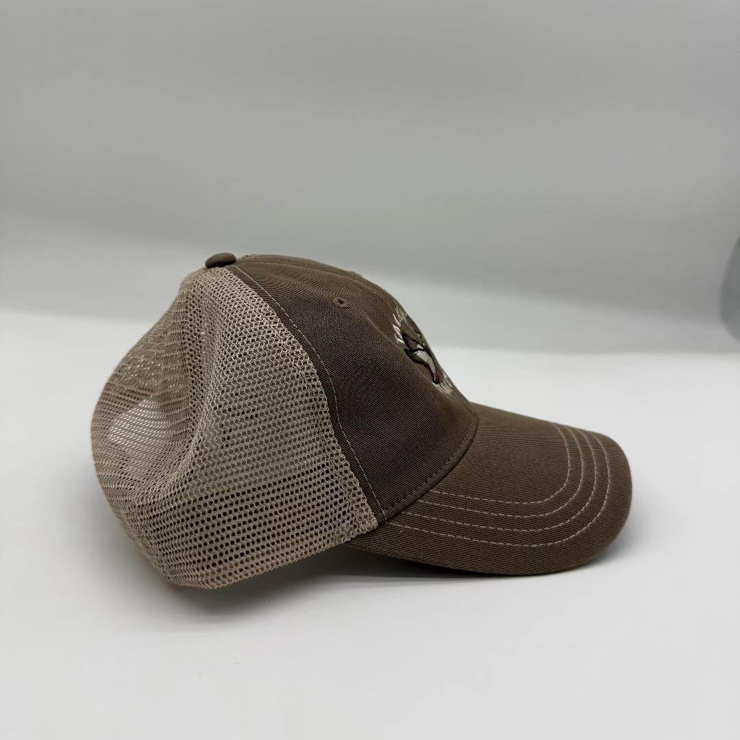 Brown baseball cap with mesh back on a white background