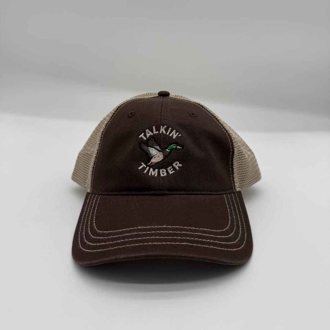 Brown and beige cap with 'Talkin' Timber' logo on a white background