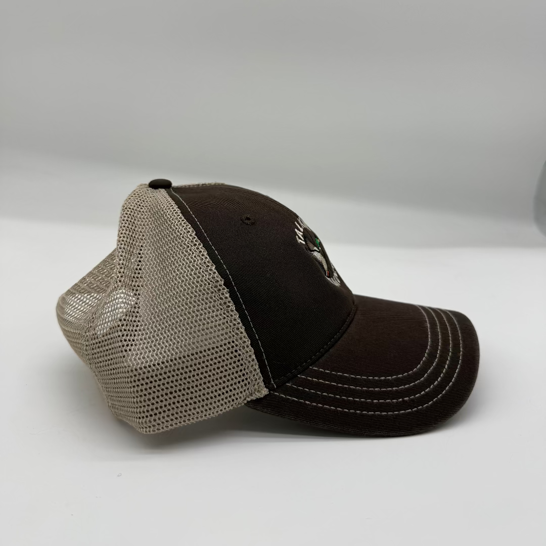 Brown baseball cap with mesh back on a white background