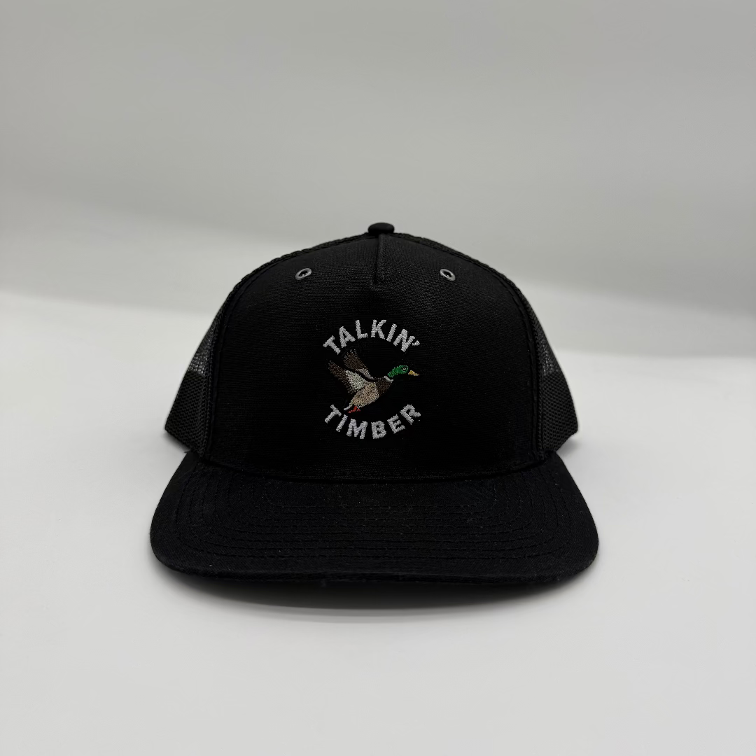 Black cap with 'Talkin' Timber' logo on a white background