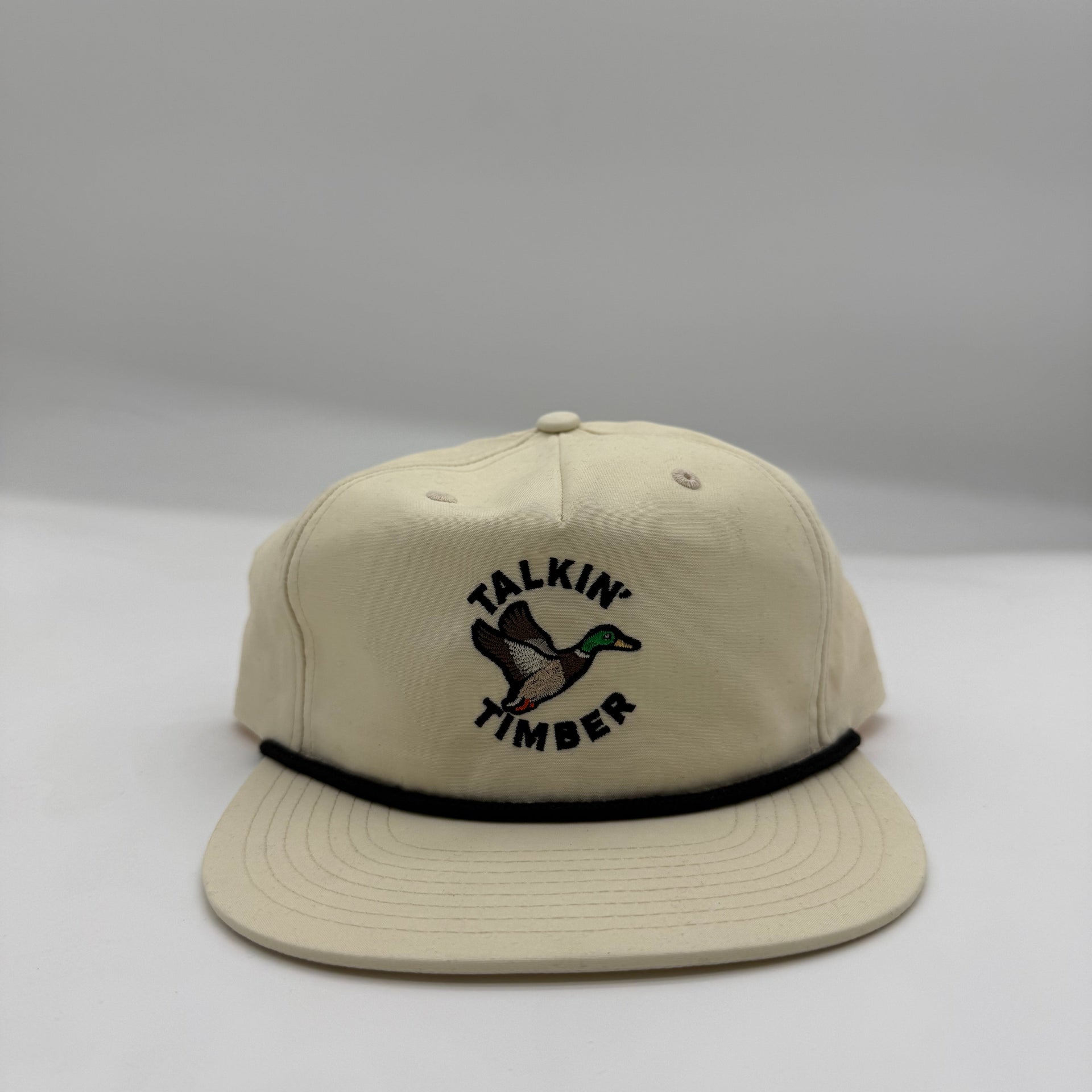 Beige rope hat with a logo on a white background