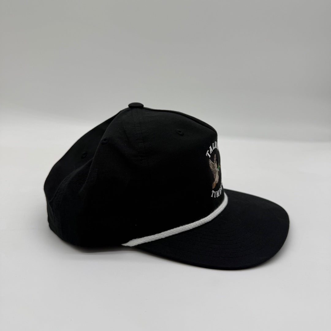 Side view of the Talkin’ Timber Black Mallard Hat showing the black crown, flat bill, and contrasting white rope.