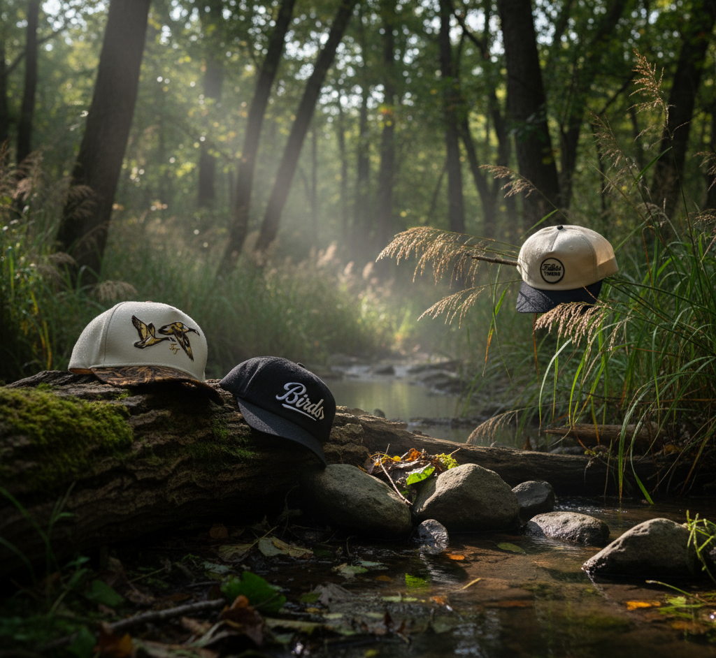 Three caps placed on rocks by a stream in a forest